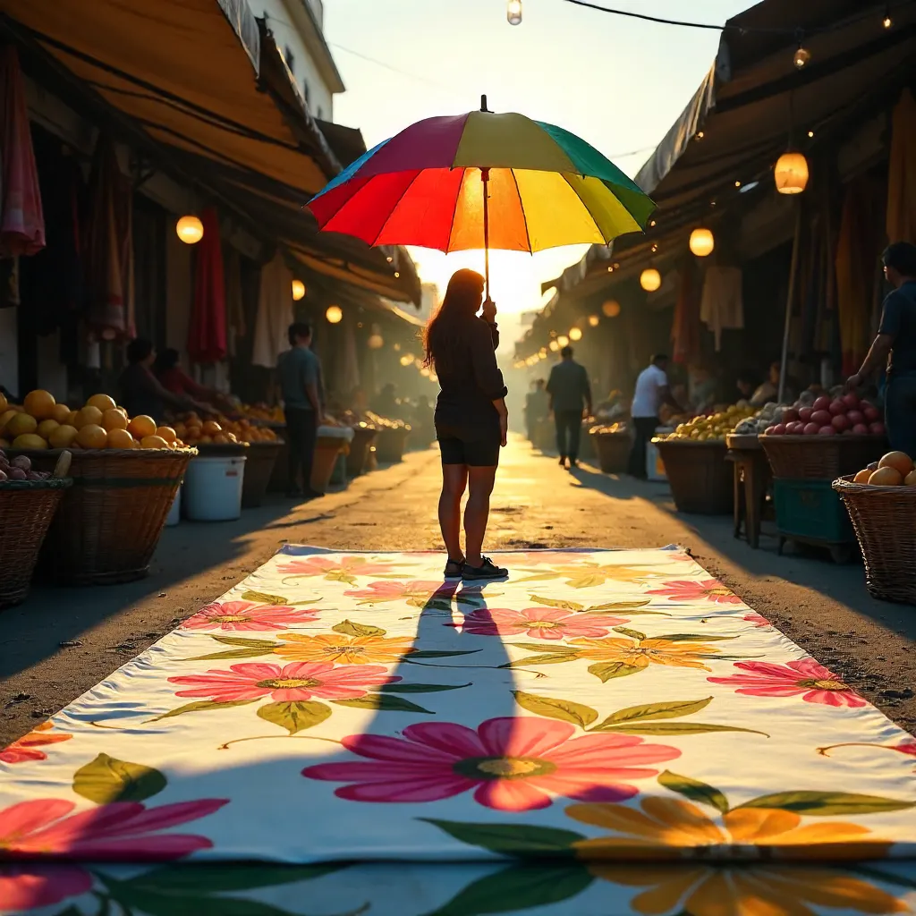Silhouette Under a Vivid Umbrella at a Market