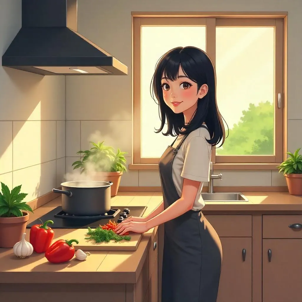 Anime-style adult Asian woman cooking in a cozy kitchen
