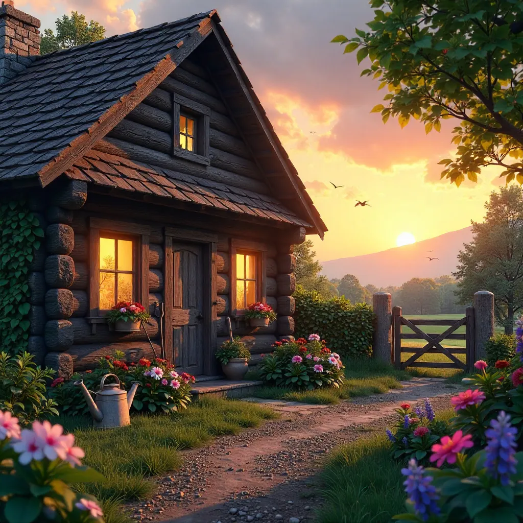 Sunset Charm: Cozy Log Cabin Exterior