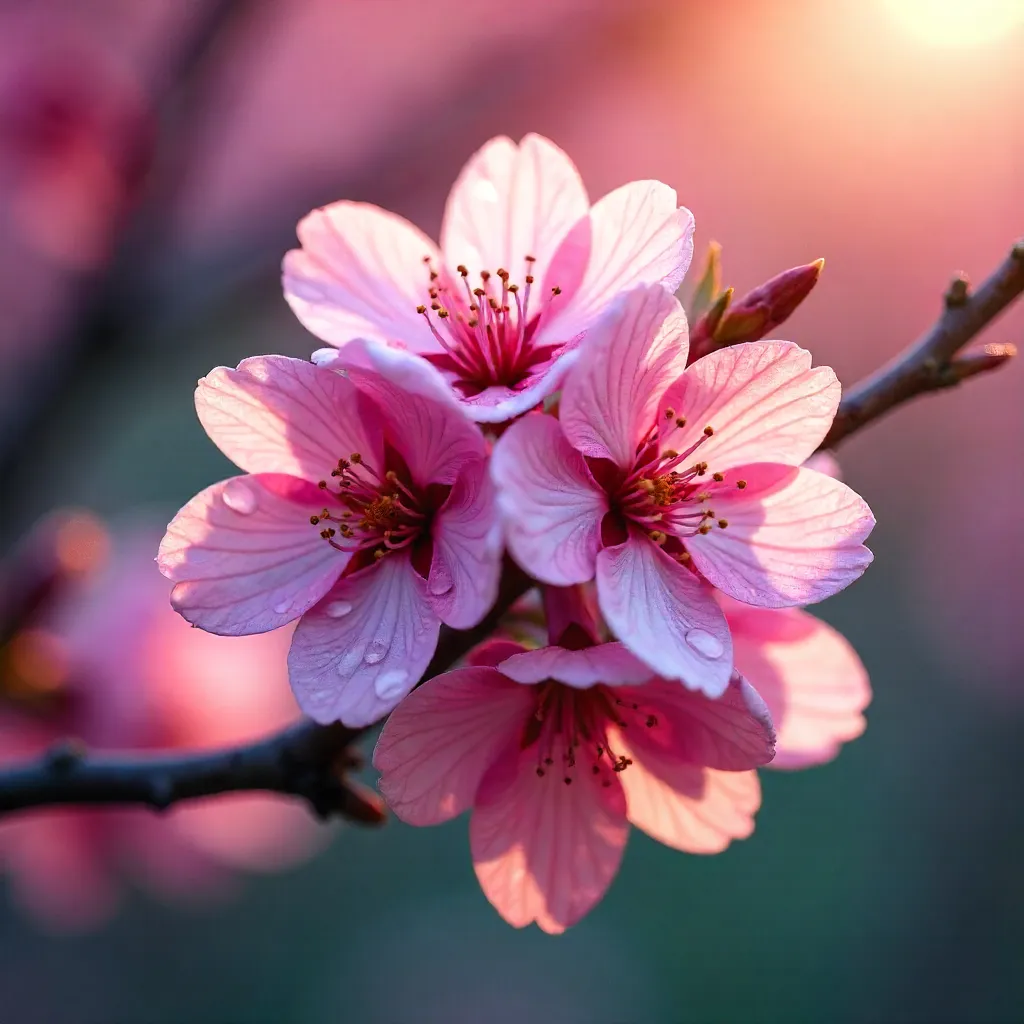 Macro Pink Cherry Blossoms Against a Vibrant Backdrop