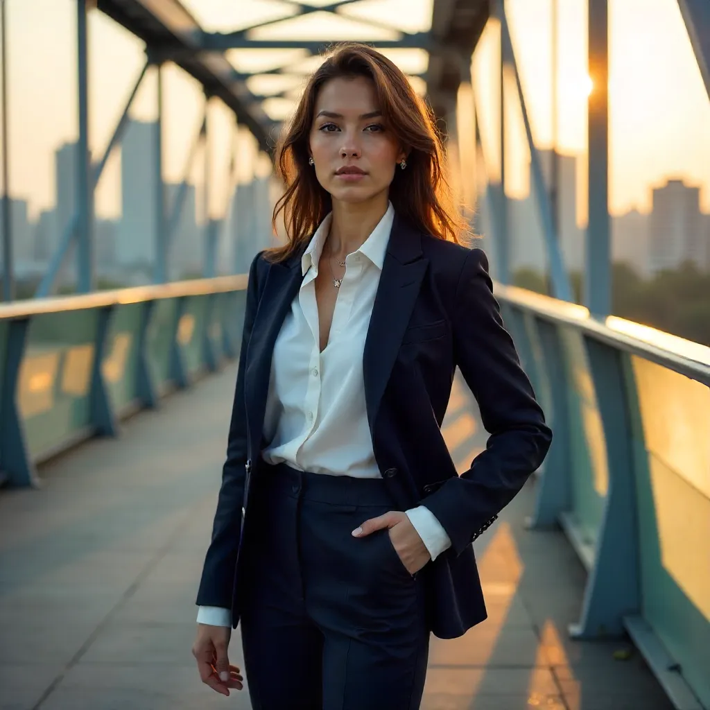 Urban Elegance: Confident Woman on a Modern Bridge