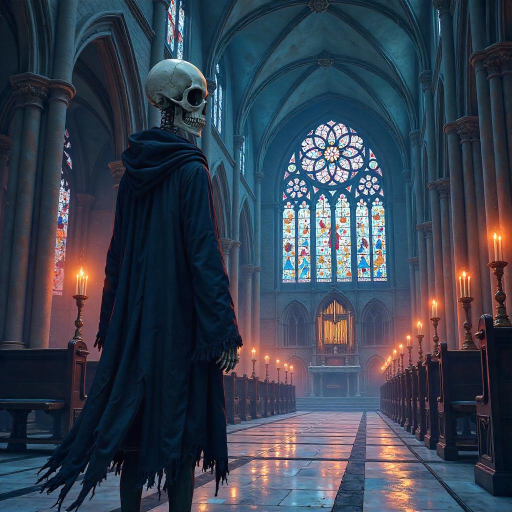 Anime Skeleton in a Gothic Cathedral