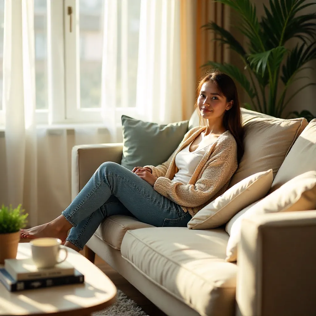 Cozy Afternoon: Young Woman Relaxing on Sofa
