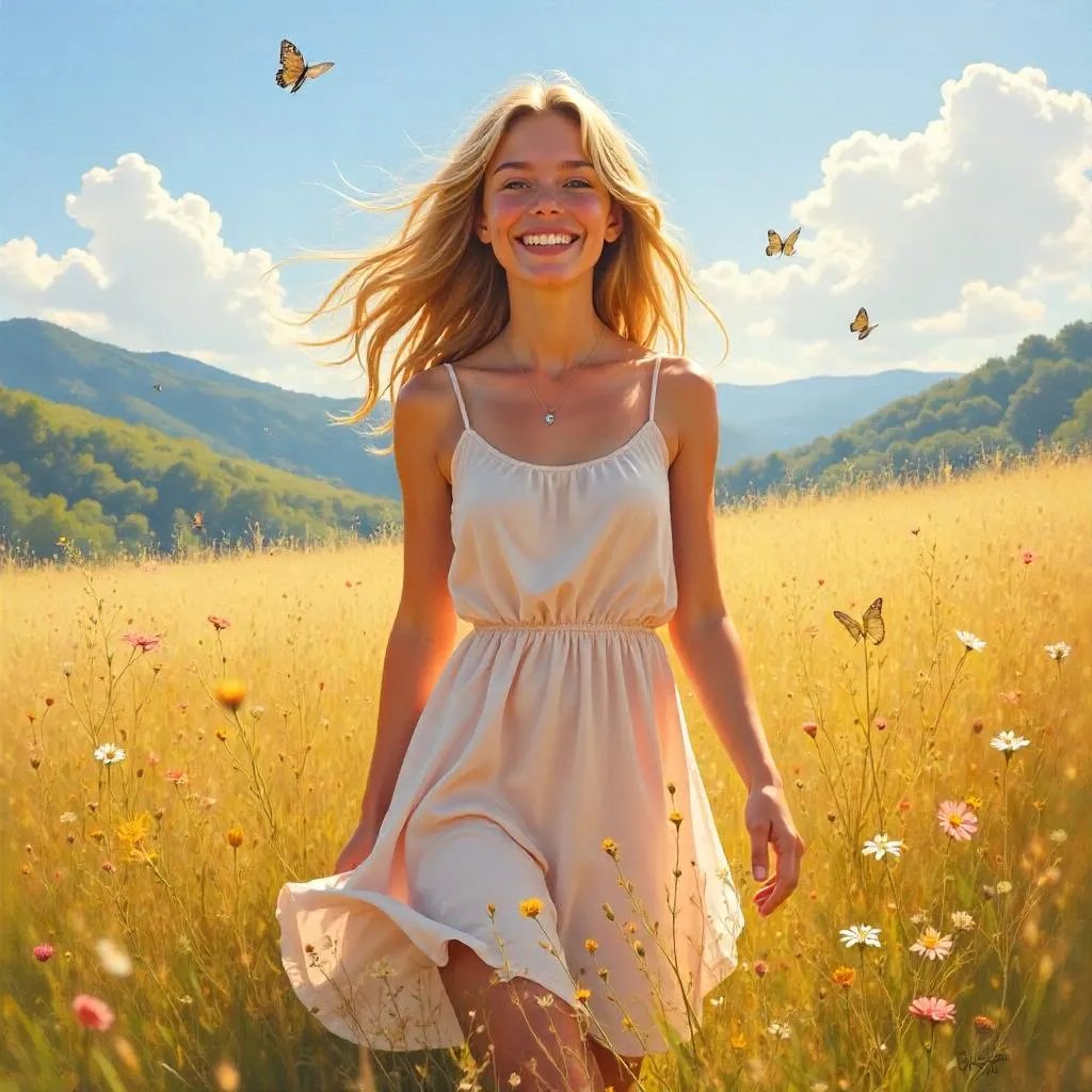 Cheerful White Woman in a Meadow – Oil Painting