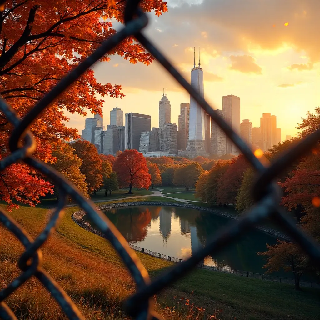 Autumn Skyline Through a Chain-Link Fence
