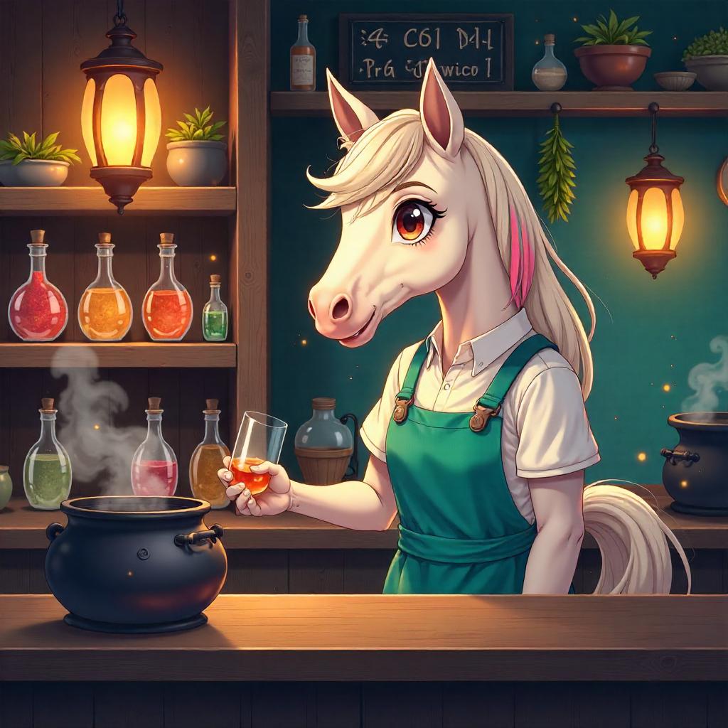 Anime Horse Shopkeeper in a Potion Shop