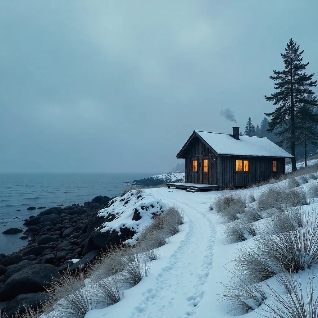 Solitary Winter Cabin by the Danish Hvalpsund Coast