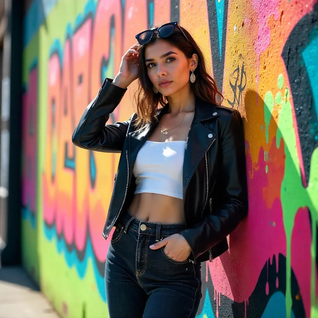 Confident Woman Against Vibrant Graffiti Wall