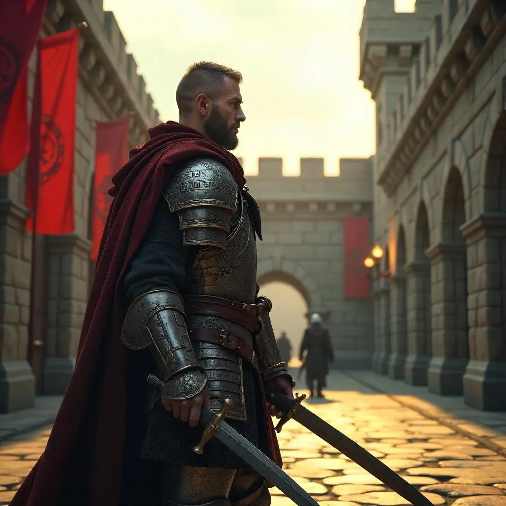 Epic 3D Warrior in a Castle Courtyard