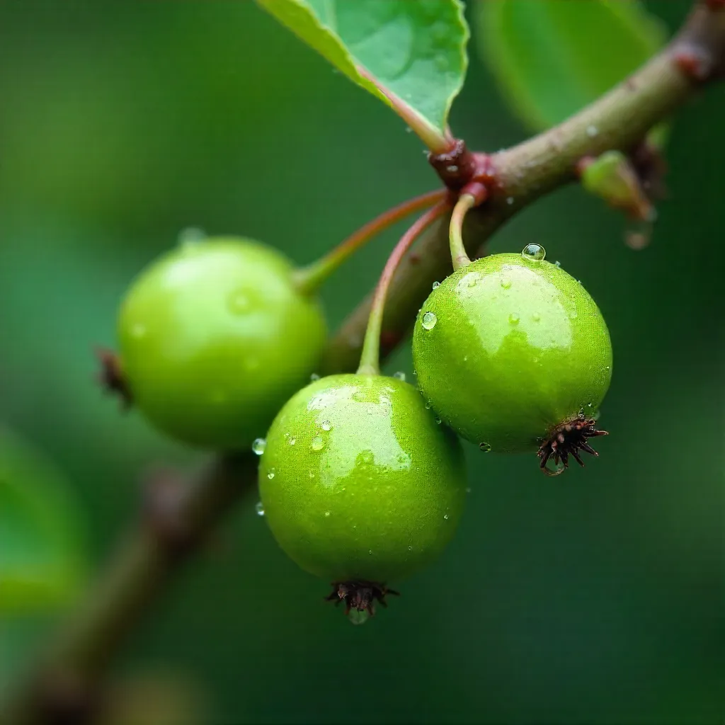 Macro close-up of green unripe berries with soft bokeh