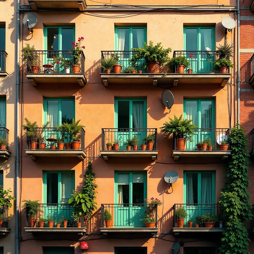 Vibrant Balcony Facade with Plants and Dishes