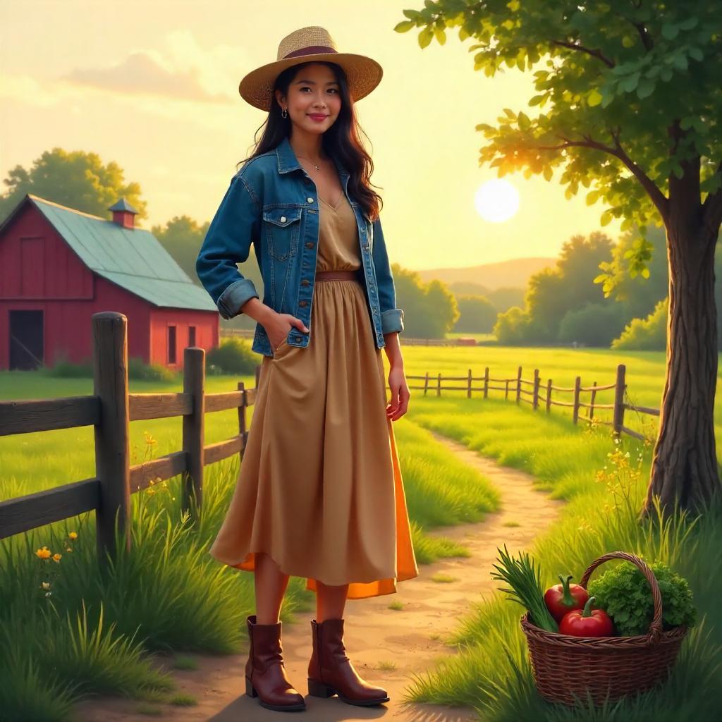 Stylish Asian Farmgirl in Radiant Digital Art
