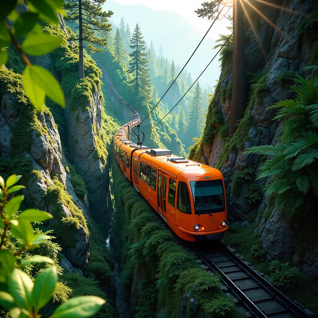 Vibrant Orange Funicular in Lush Green Forest