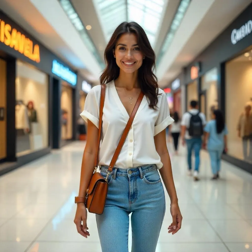 Latina Woman in a Photorealistic Mall Scene