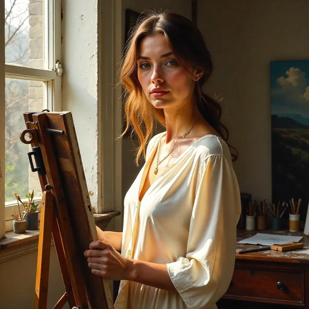 Sunlit Studio Oil Portrait of a White Woman