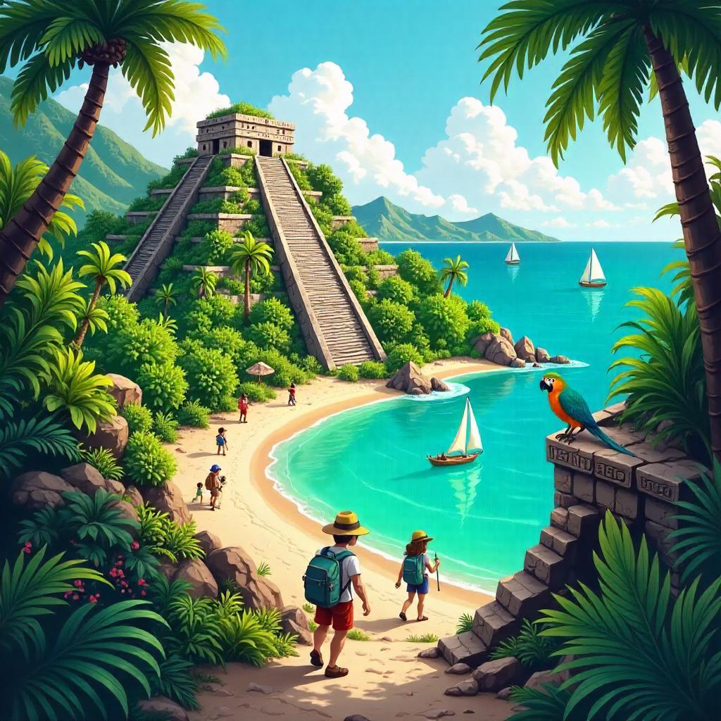 Cartoon Archipelago with Mayan Ruins