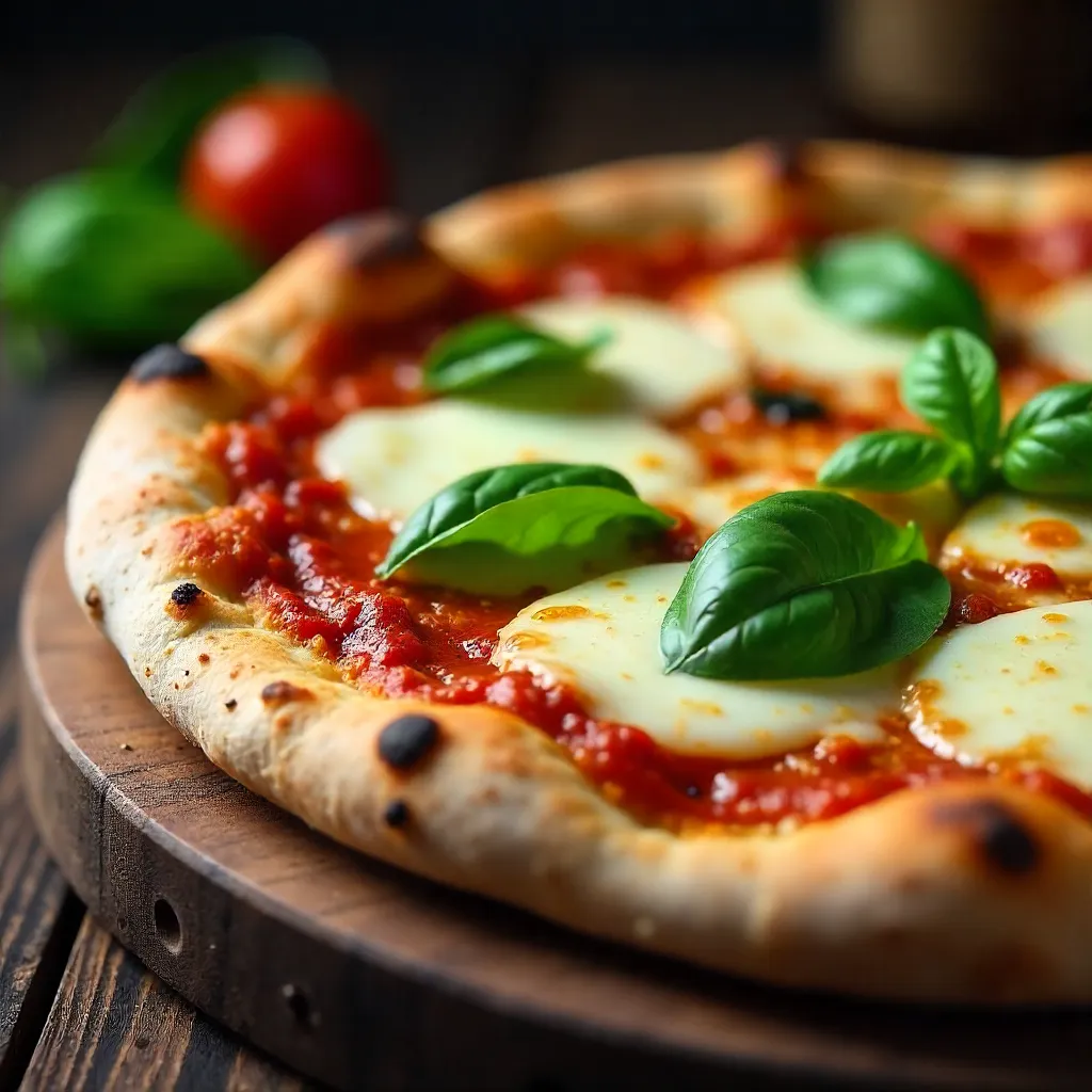 Close-Up Margherita Pizza: Basil, Mozzarella & Tomato