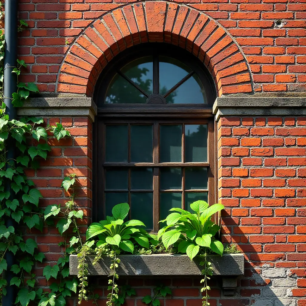 Close-Up of Historic Brick Facade with Arched Window