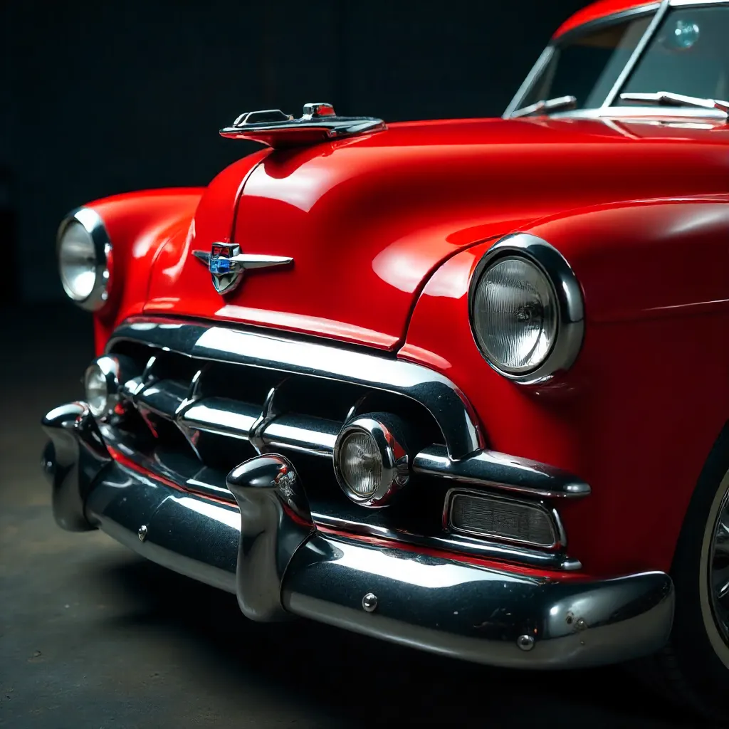 Close-Up of a Vintage Red Muscle Car with Chrome Details