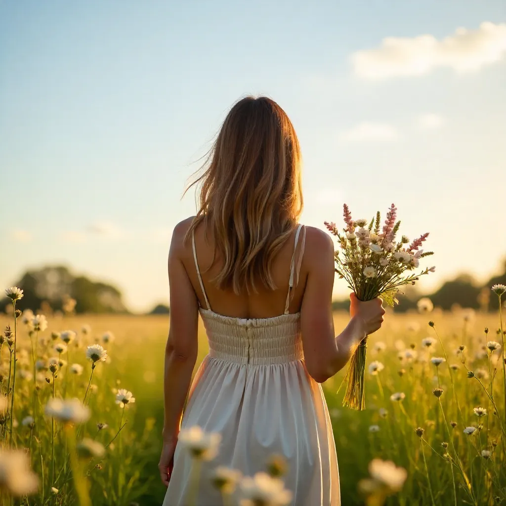 Back View in a Spring Field Embracing Nature