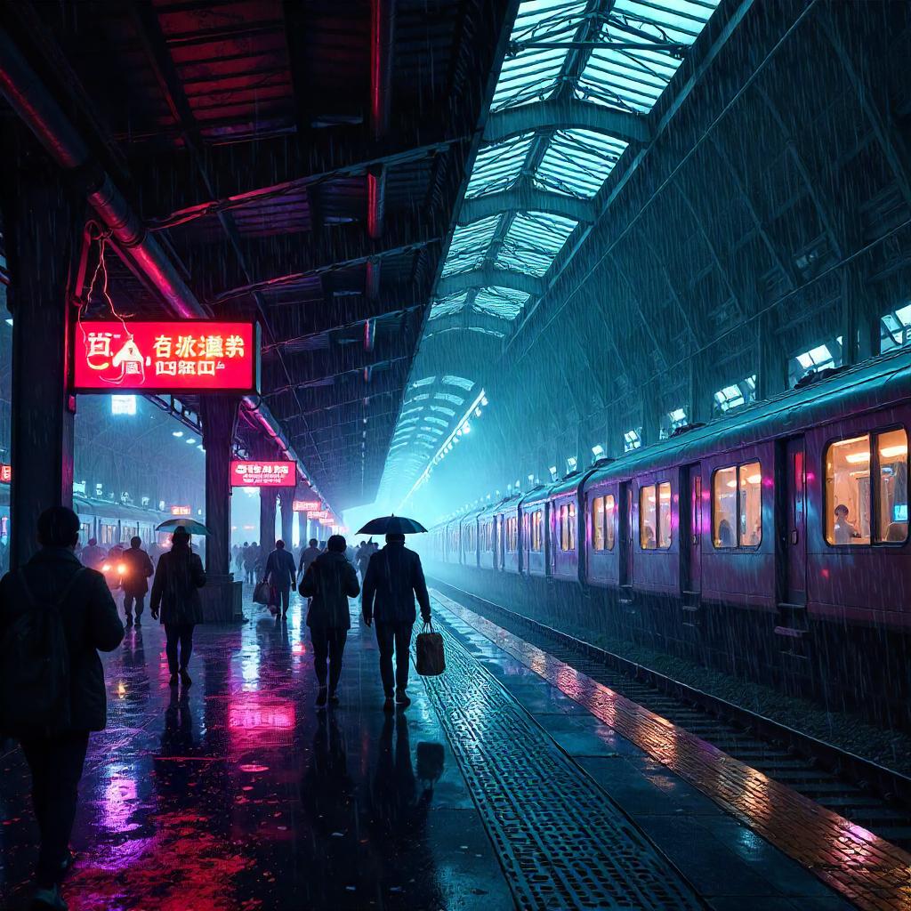 Stormy Neon Station: Digital Rain at the Platform