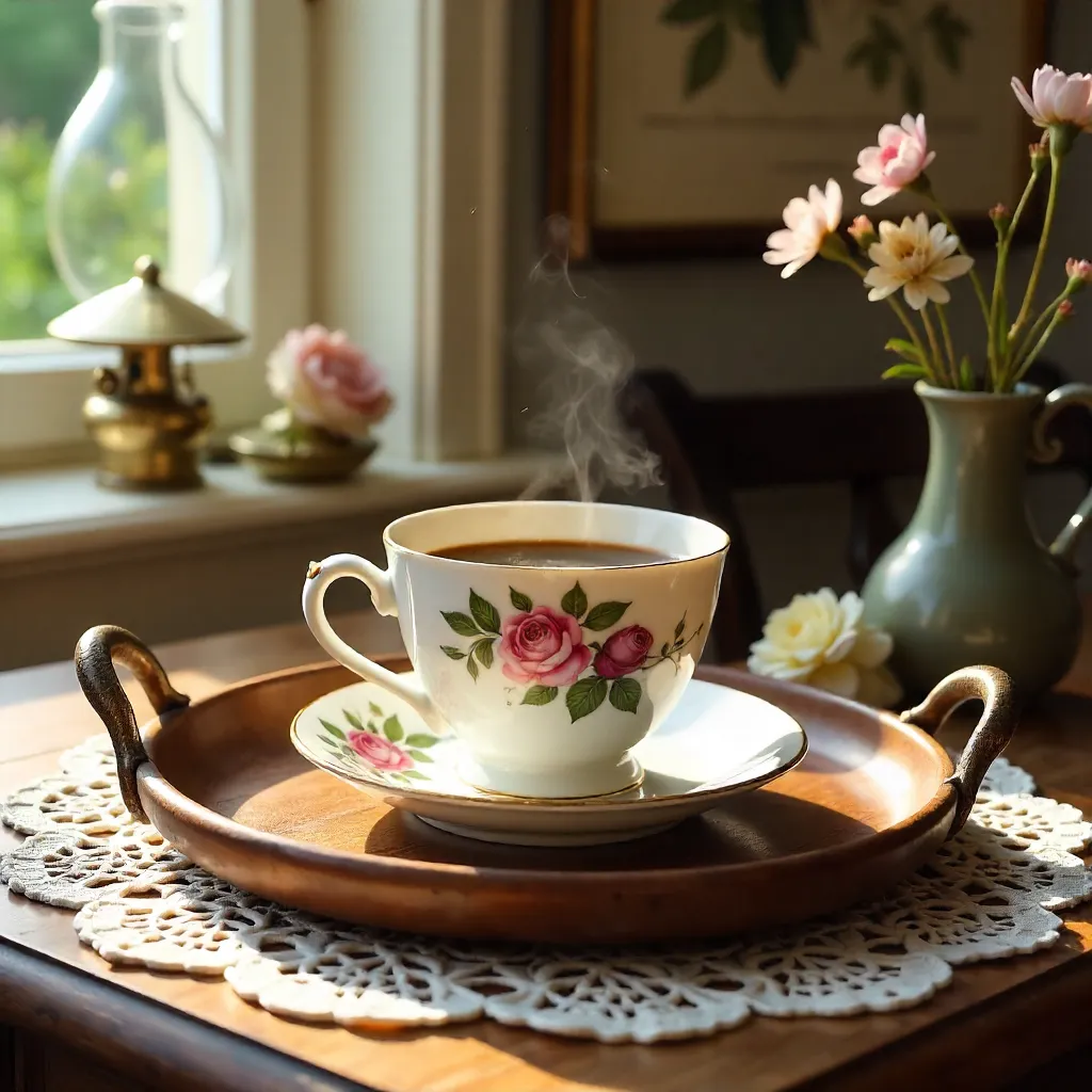 Floral Coffee Cup on a Vintage Tray Still Life