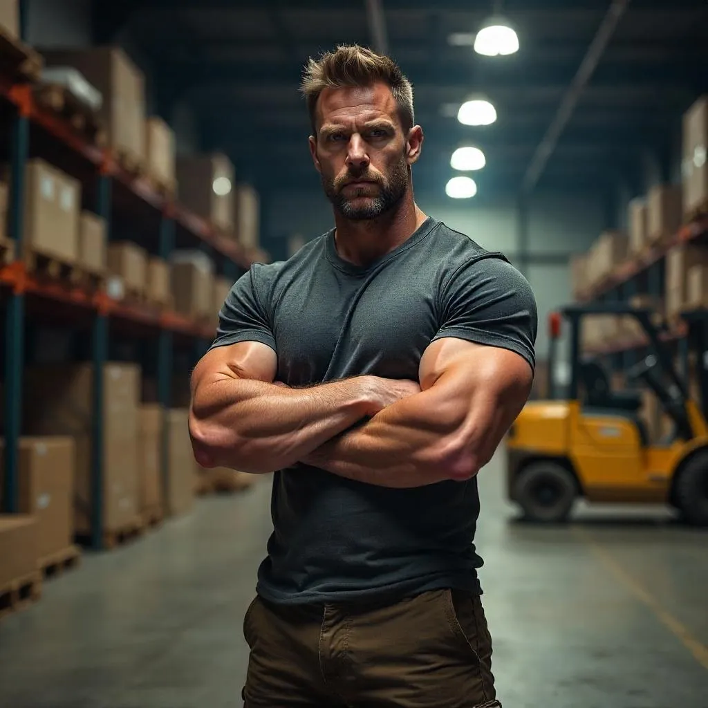 Muscular Caucasian Man in Industrial Warehouse
