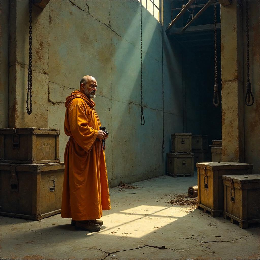 Solitary Monk in a Dim Warehouse: An Oil Painting