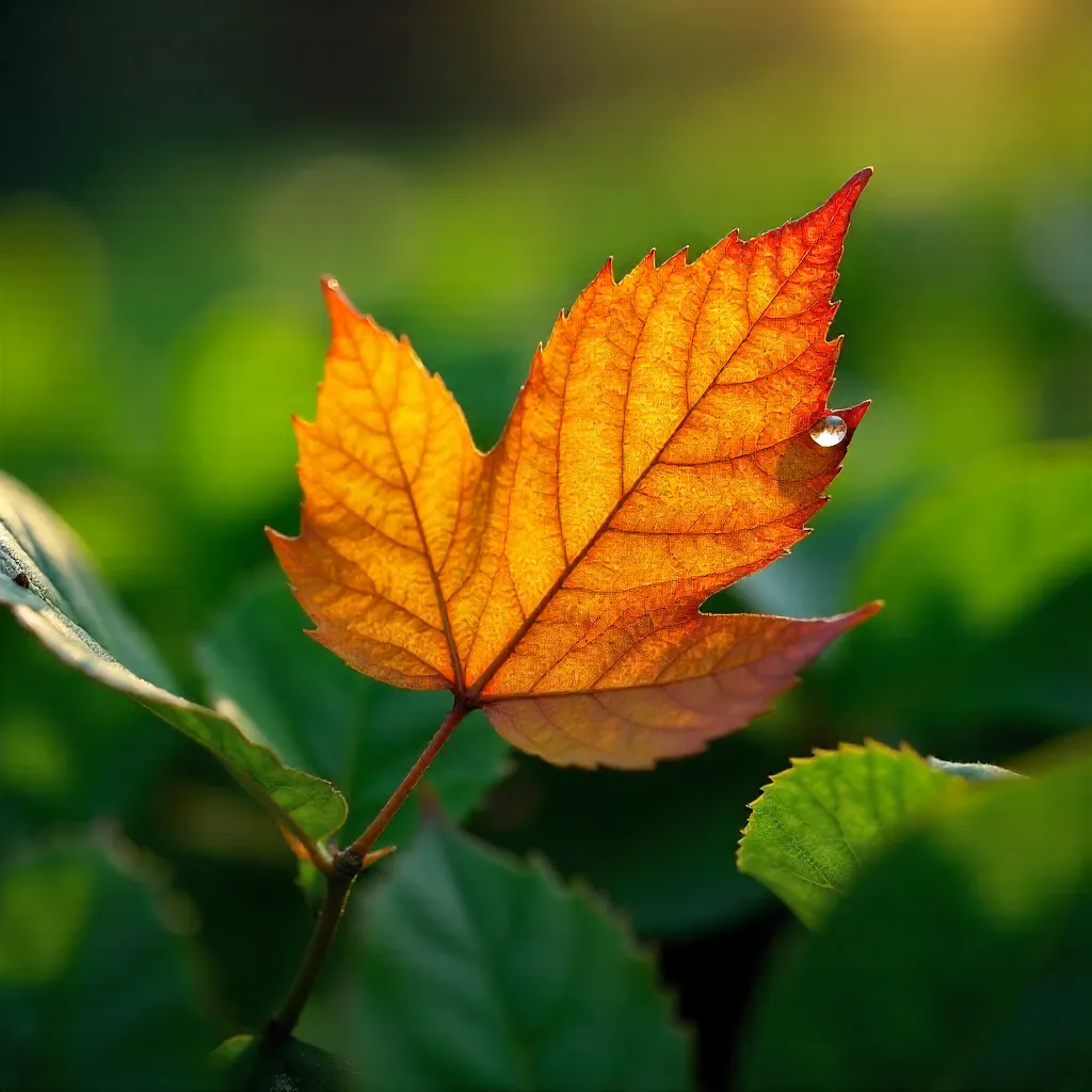 Striking Orange Leaf Among Lush Green Foliage