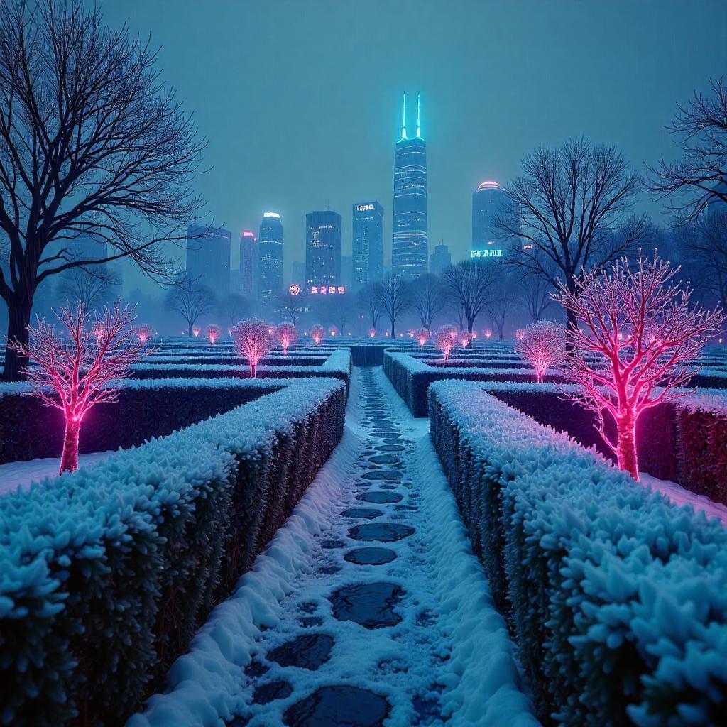 Icy Neon Hedge Maze in a Cyberpunk Night