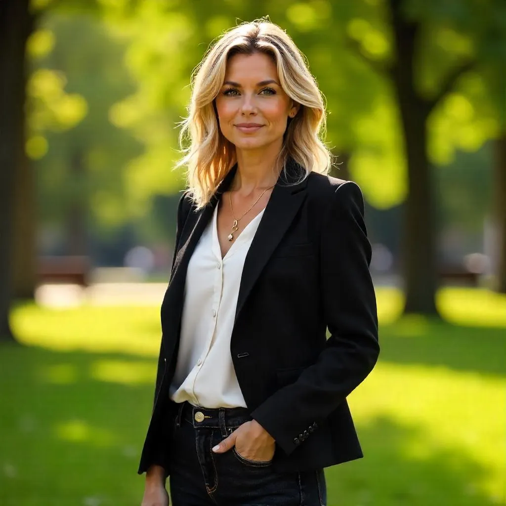 Confident White Woman Portrait in a Park (Photorealistic)