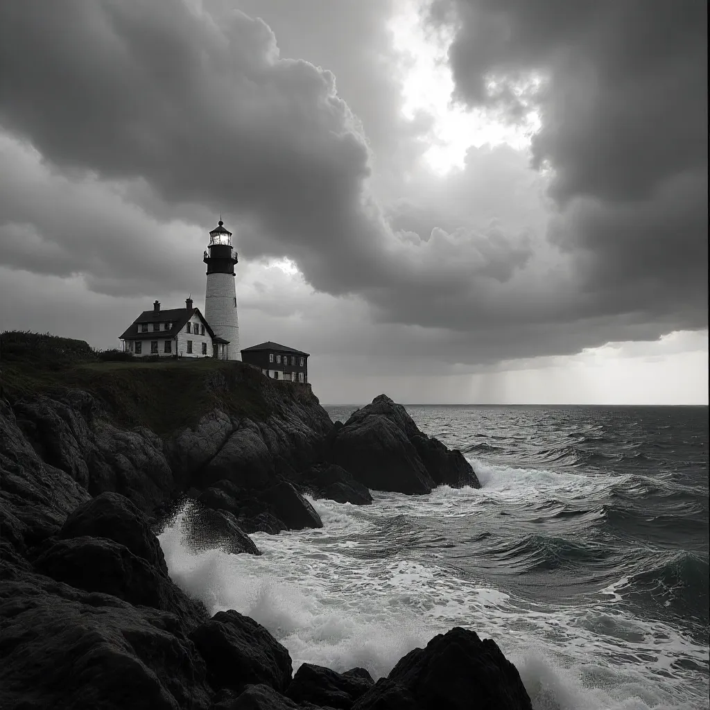 Lone Lighthouse Under Dramatic Storm Clouds