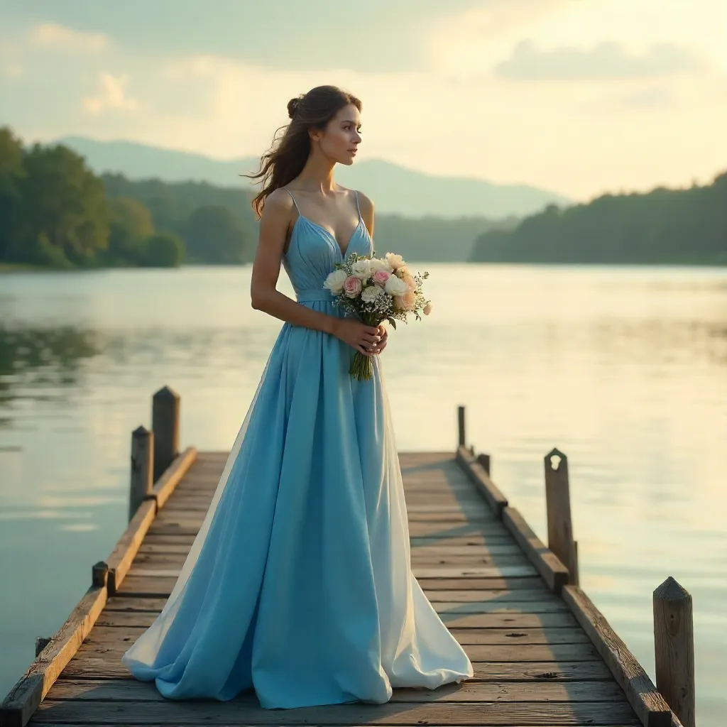 Elegance on the Pier: Blue Dress by the Lake