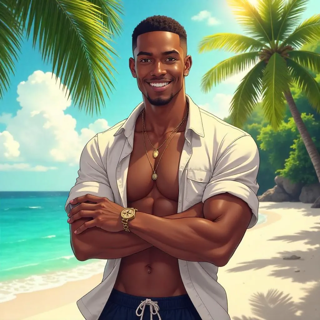 Anime-Style Confident Black Man in Paradise