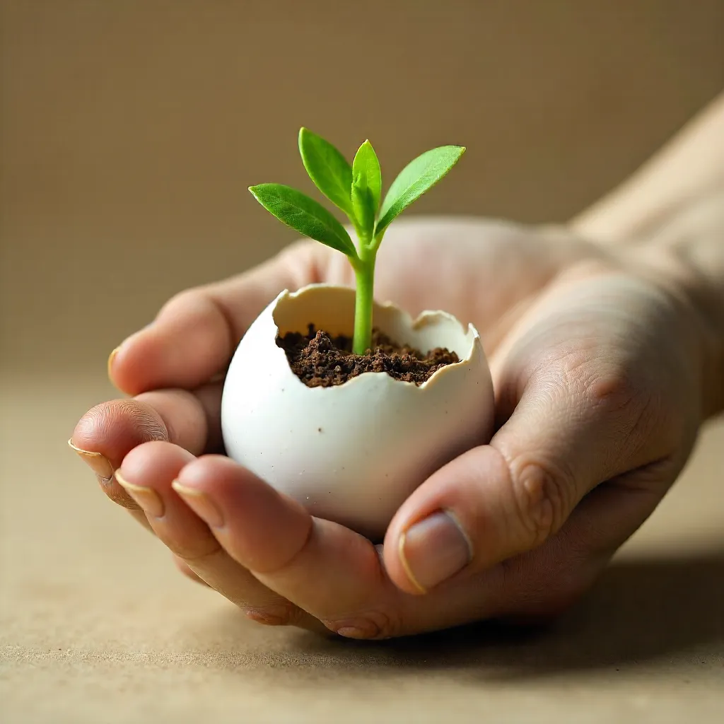 Eggshell Plant Cradle in a Clay Hand on Beige
