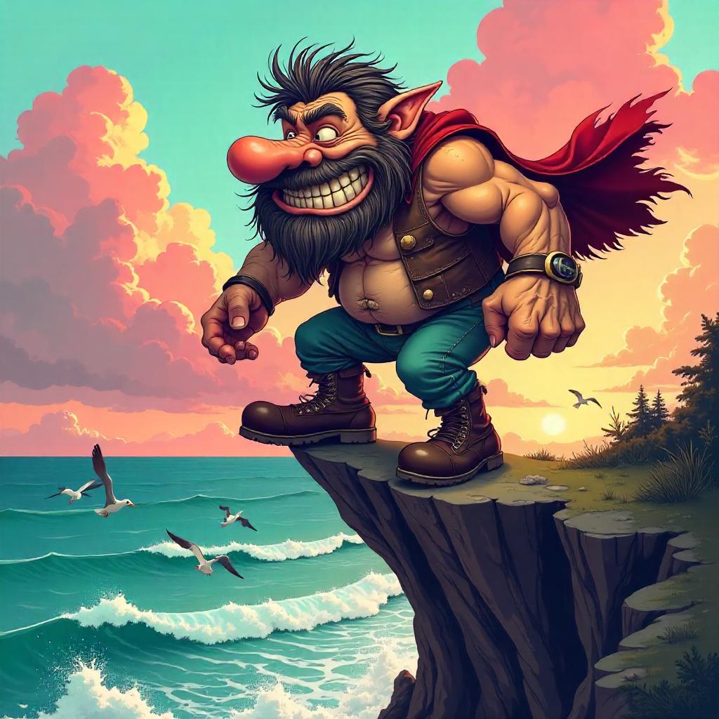 Whimsical Cartoon Troll on a Cliff Edge