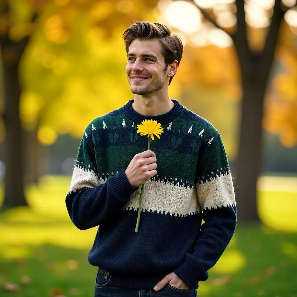 Young Man in Patterned Sweater with Yellow Flower Outdoors