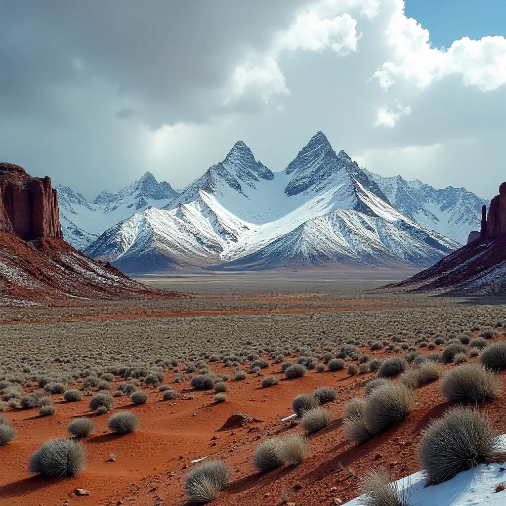 Snow-Capped Peaks Against Utah Desert under Cloudy Skies