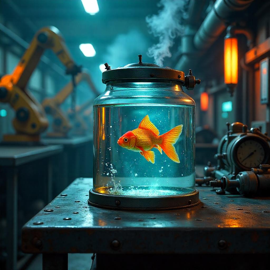 Goldfish in a Neon Industrial Factory — Digital Art