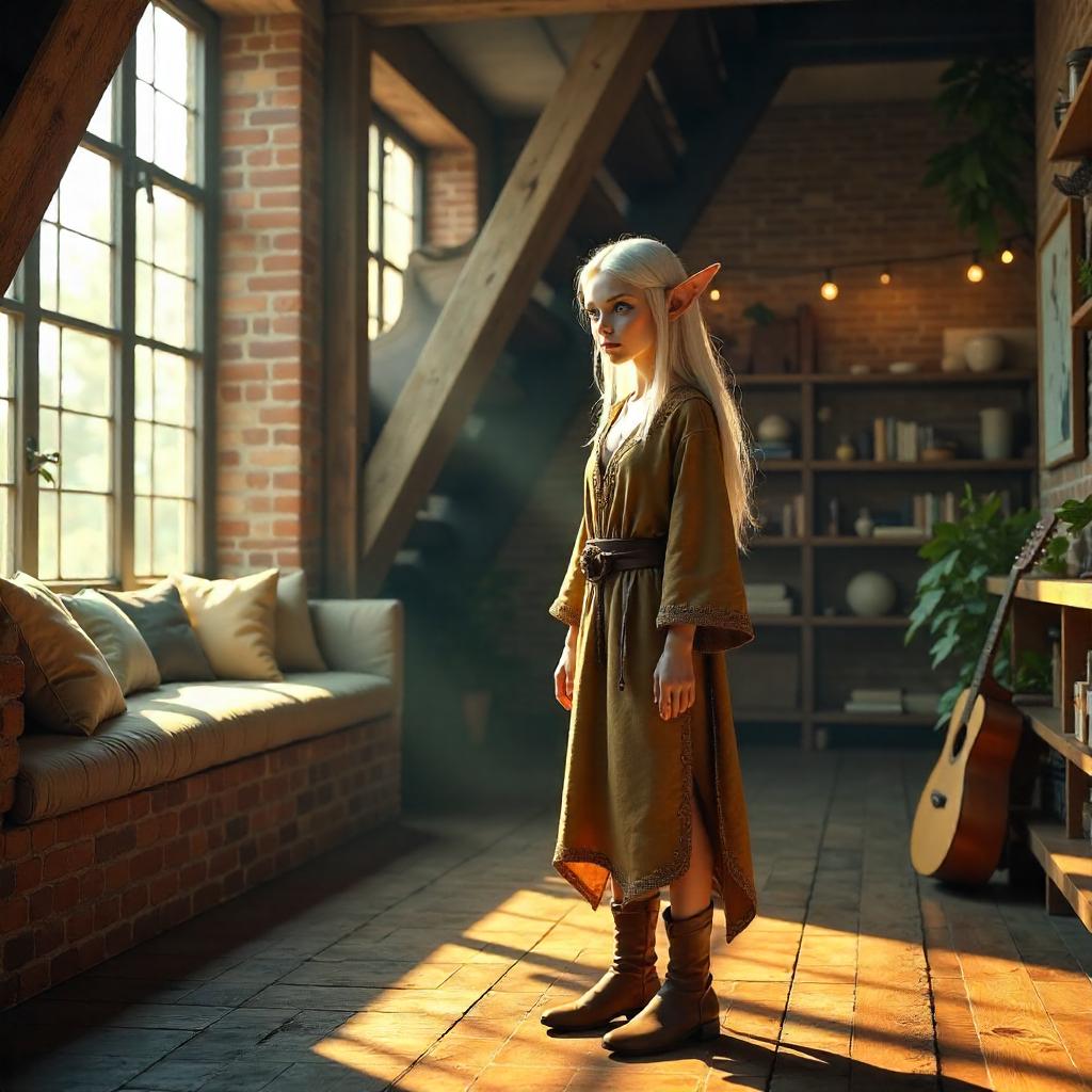 Photorealistic Elf in a Warm Loft Interior