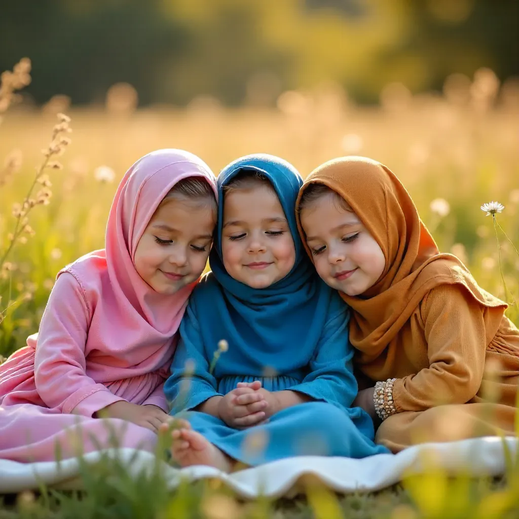 Serene Outdoor Portrait: Three Girls in Colorful Hijabs