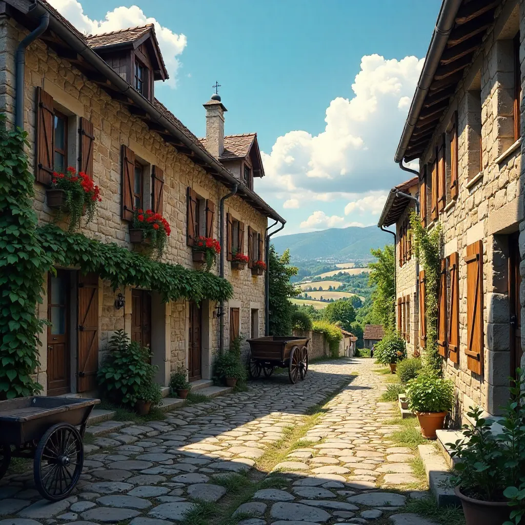 Rustic Stone Village Under Blue Sky in Auvergne-Rhône-Alpes