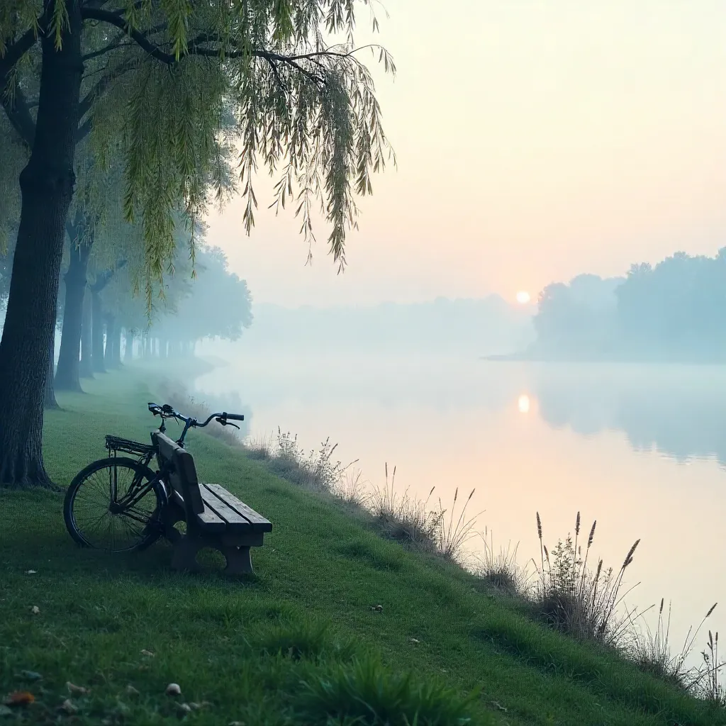 Mist-Kissed Riverside Bicycle by Empty Benches