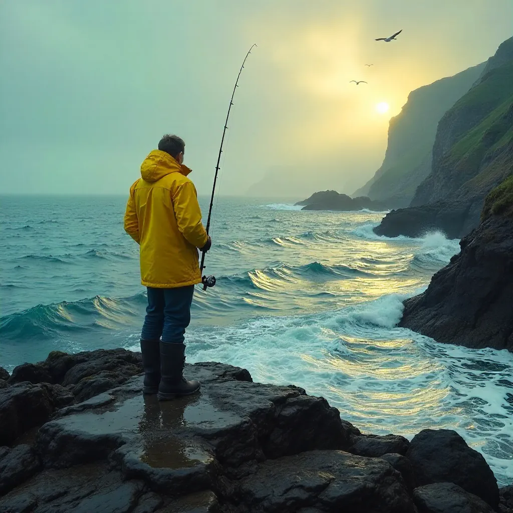 Solitary Angler on a Rocky Coast at Dawn