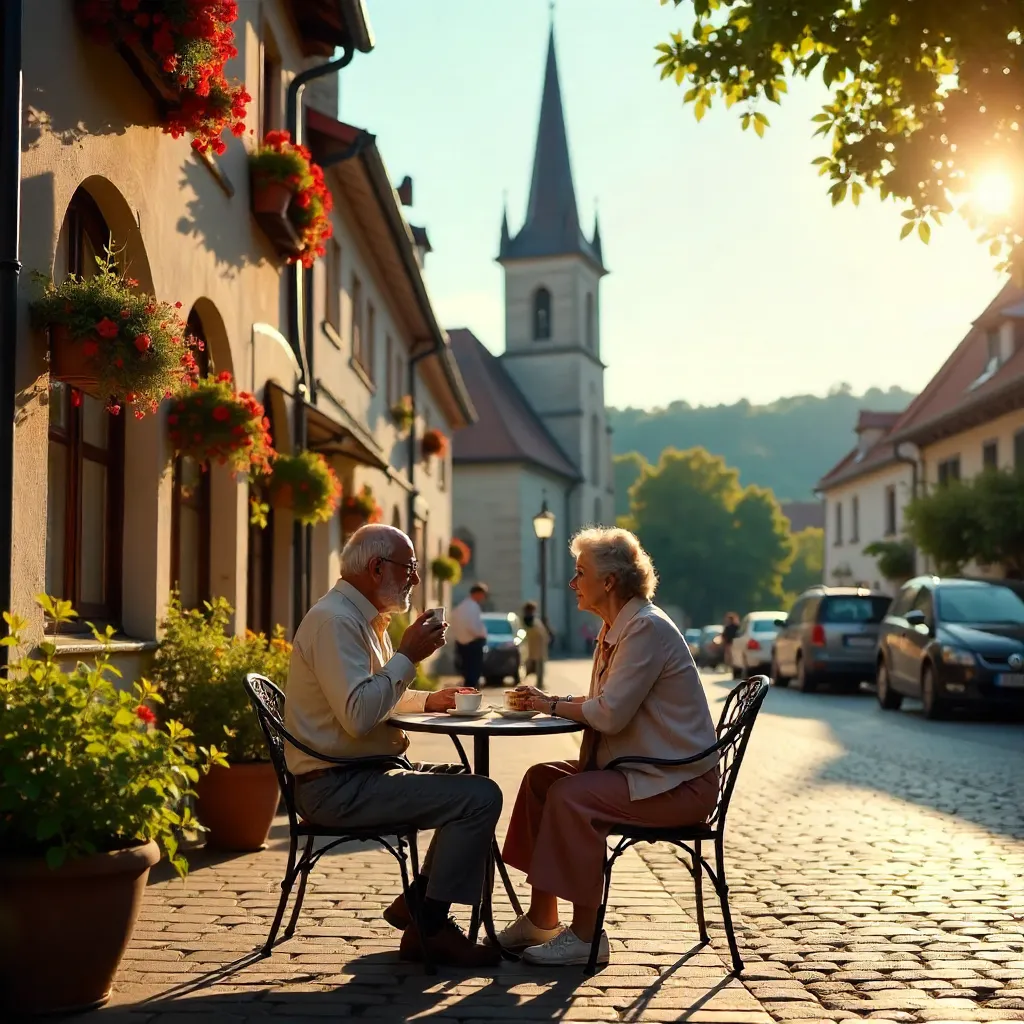 Sunny Heidelberg Café: Senior Couple Enjoys Daylight