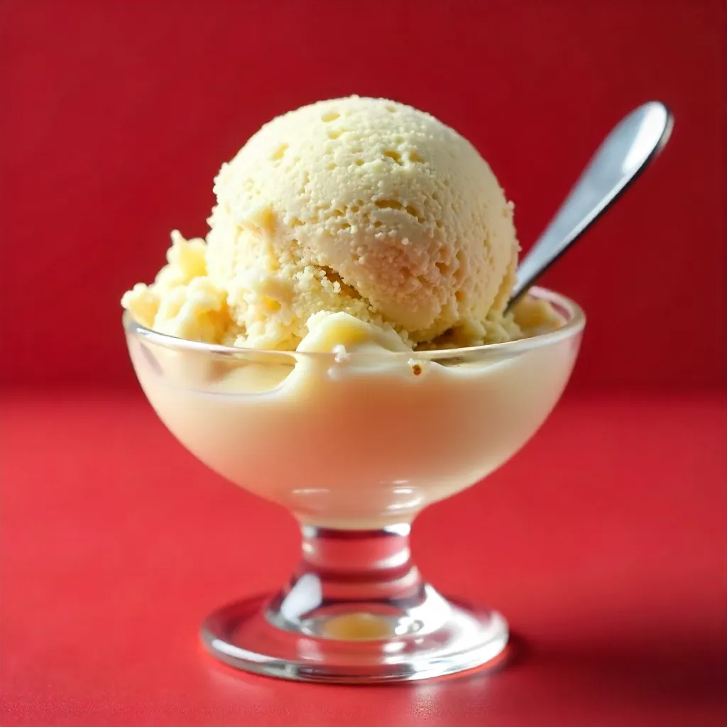 Delicious Vanilla Ice Cream in Glass Dish on Red Backdrop