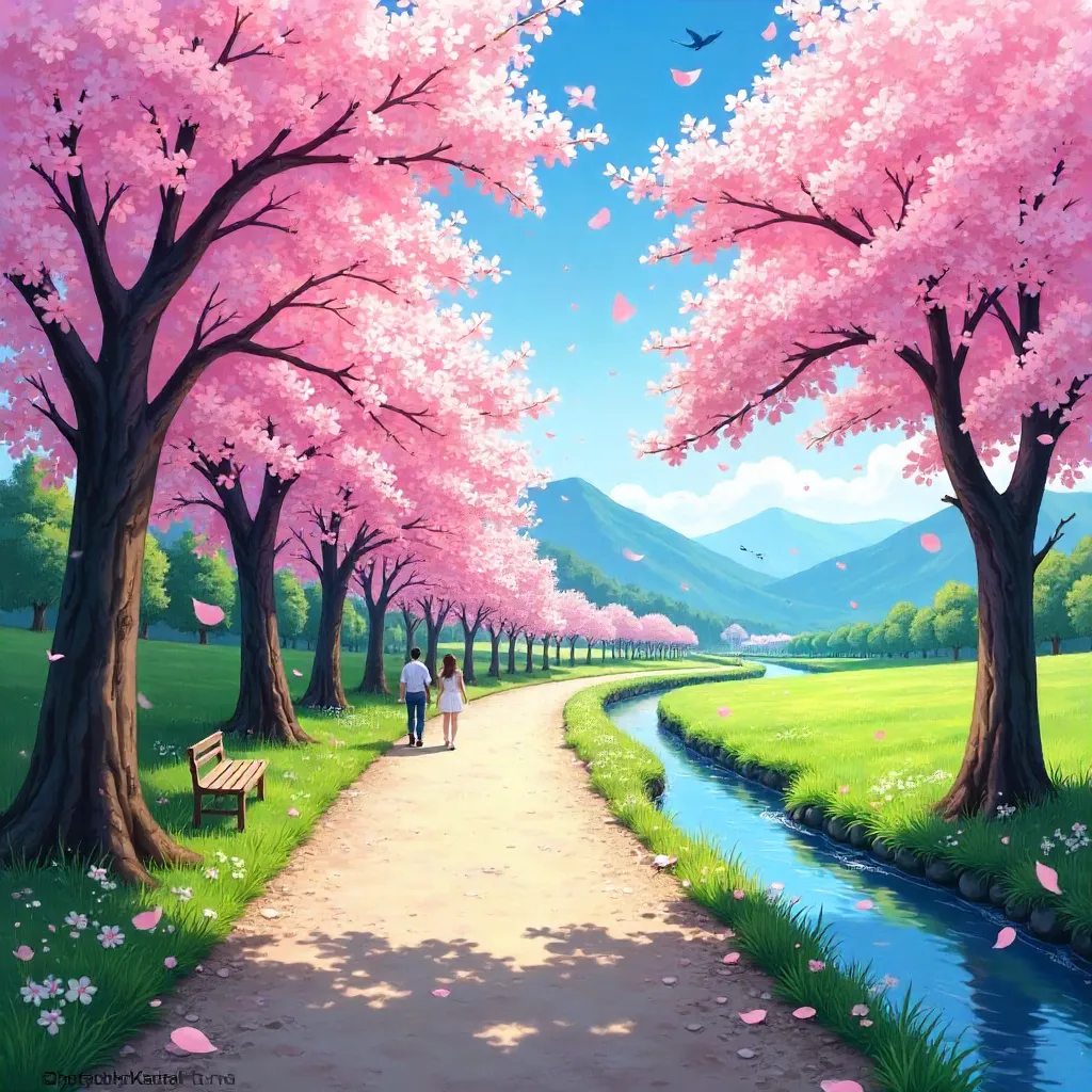 Cherry Blossom Pathway in Spring Light
