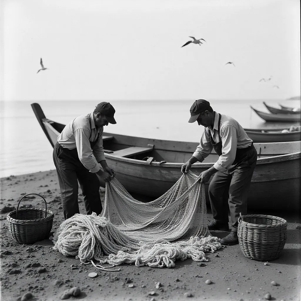 Two Fishermen by the Sea in Black and White