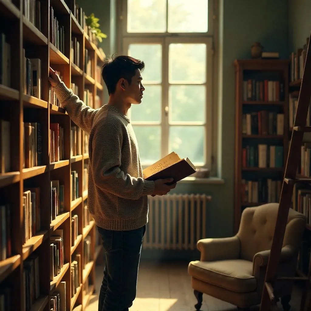 Photorealistic Young Asian Man in a Cozy Bookstore