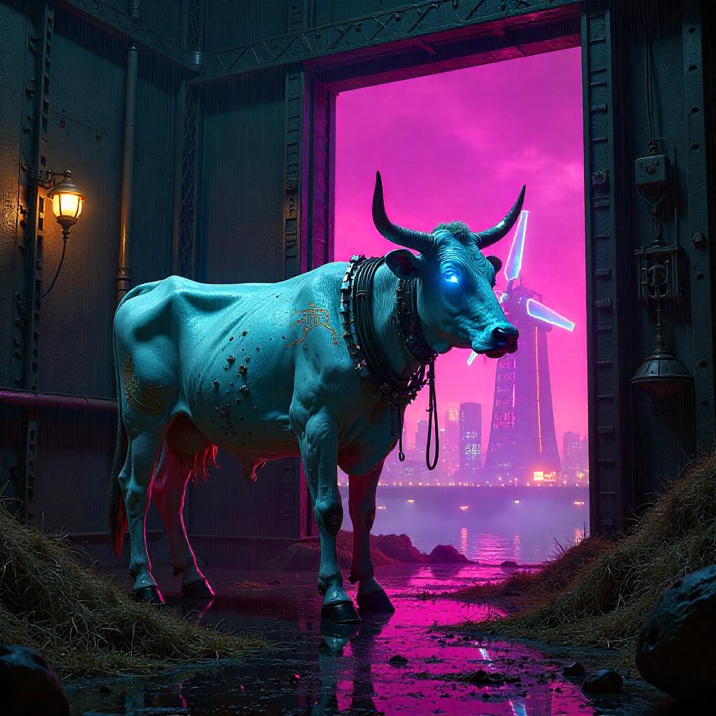 Neon Cyberpunk Cow in a Windmill